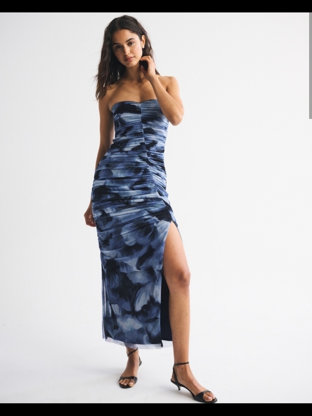 Strapless Blue Printed Ruched Midi Dress with Side Slit